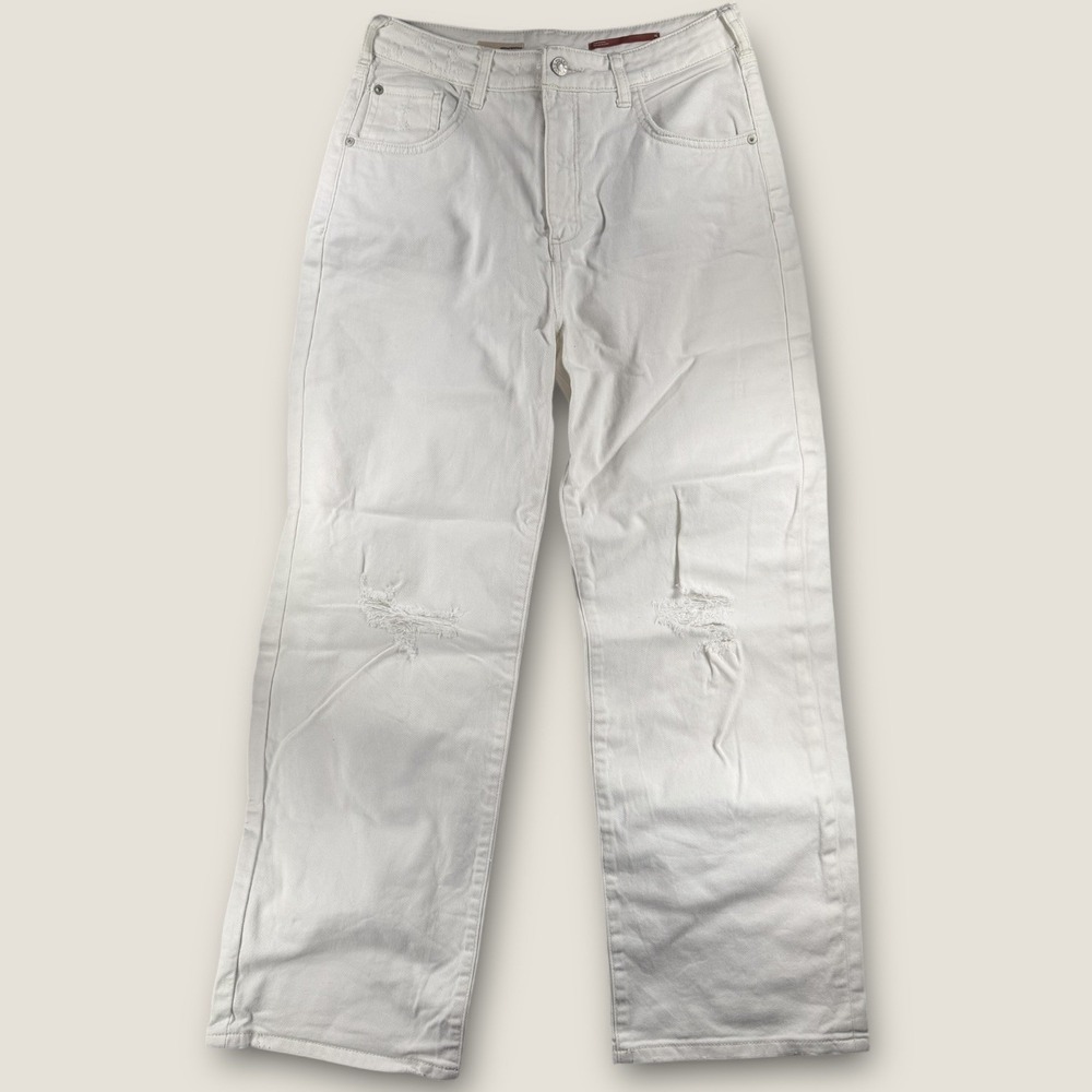 Pilcro Anthropologie High Rise Wide Leg Jeans‎ White Distressed Ankle Size 28